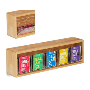 Relaxdays Teebox Bambus, 5 Fächer für 50 Teebeutel,