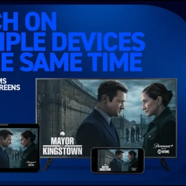 DIRECTV Stream playing Mayor of Kingstown on Paramount+ with Showtime on smart TV, tablet, and smartphone at the same time with unlimited streams